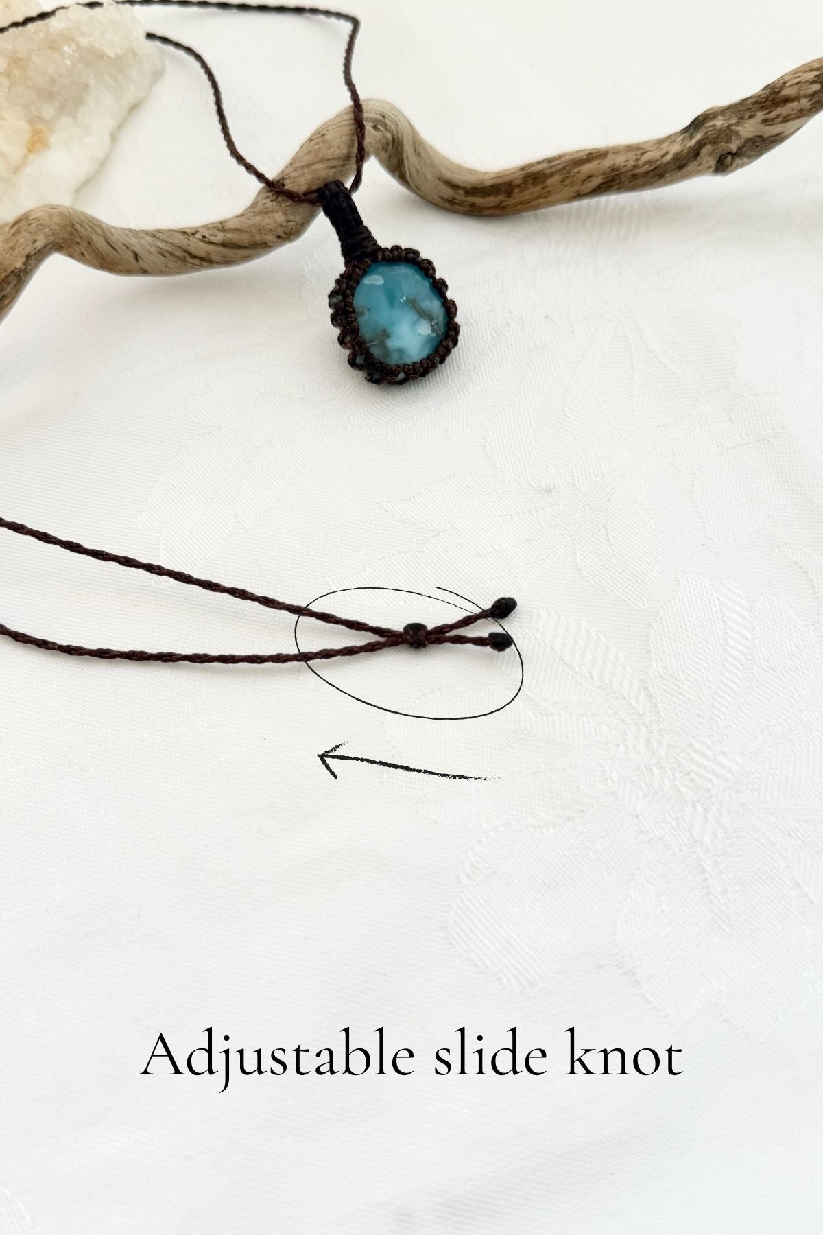 Handmade Larimar macramé necklace with adjustable slide knot, versatile necklace sizing