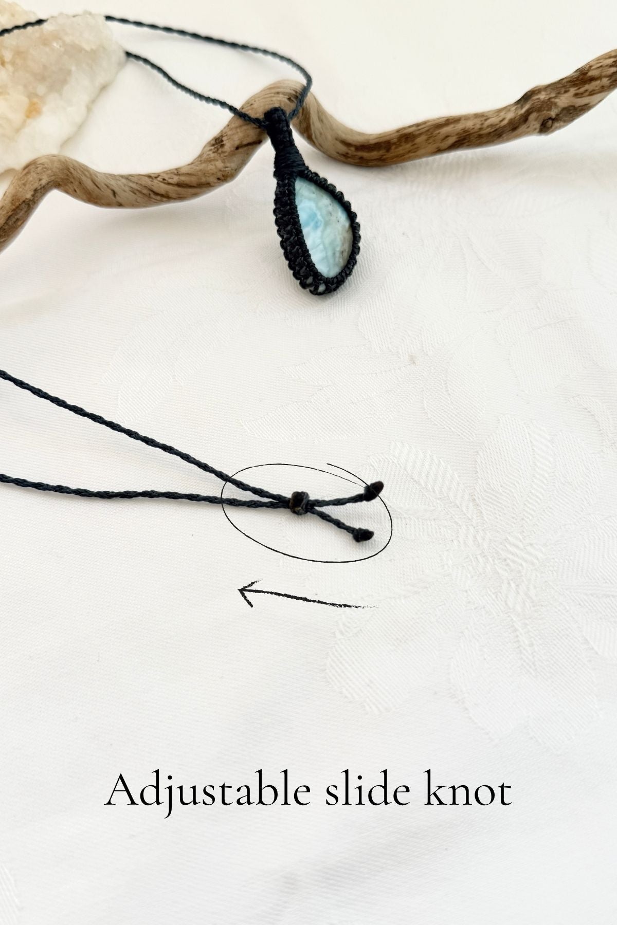 Handmade Larimar macramé necklace with adjustable slide knot, versatile necklace sizing
