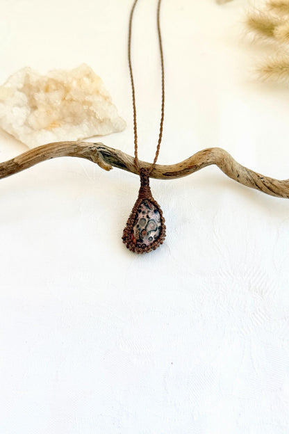 Handmade Leopard Jasper macramé necklace, front view of natural gemstone pendant