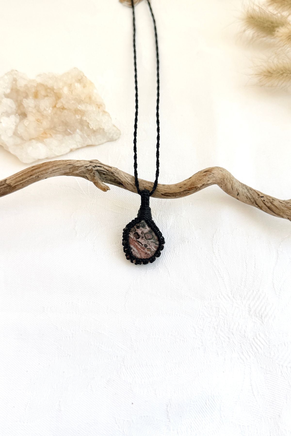 Handmade Leopard Jasper macramé necklace, front view of natural gemstone pendant