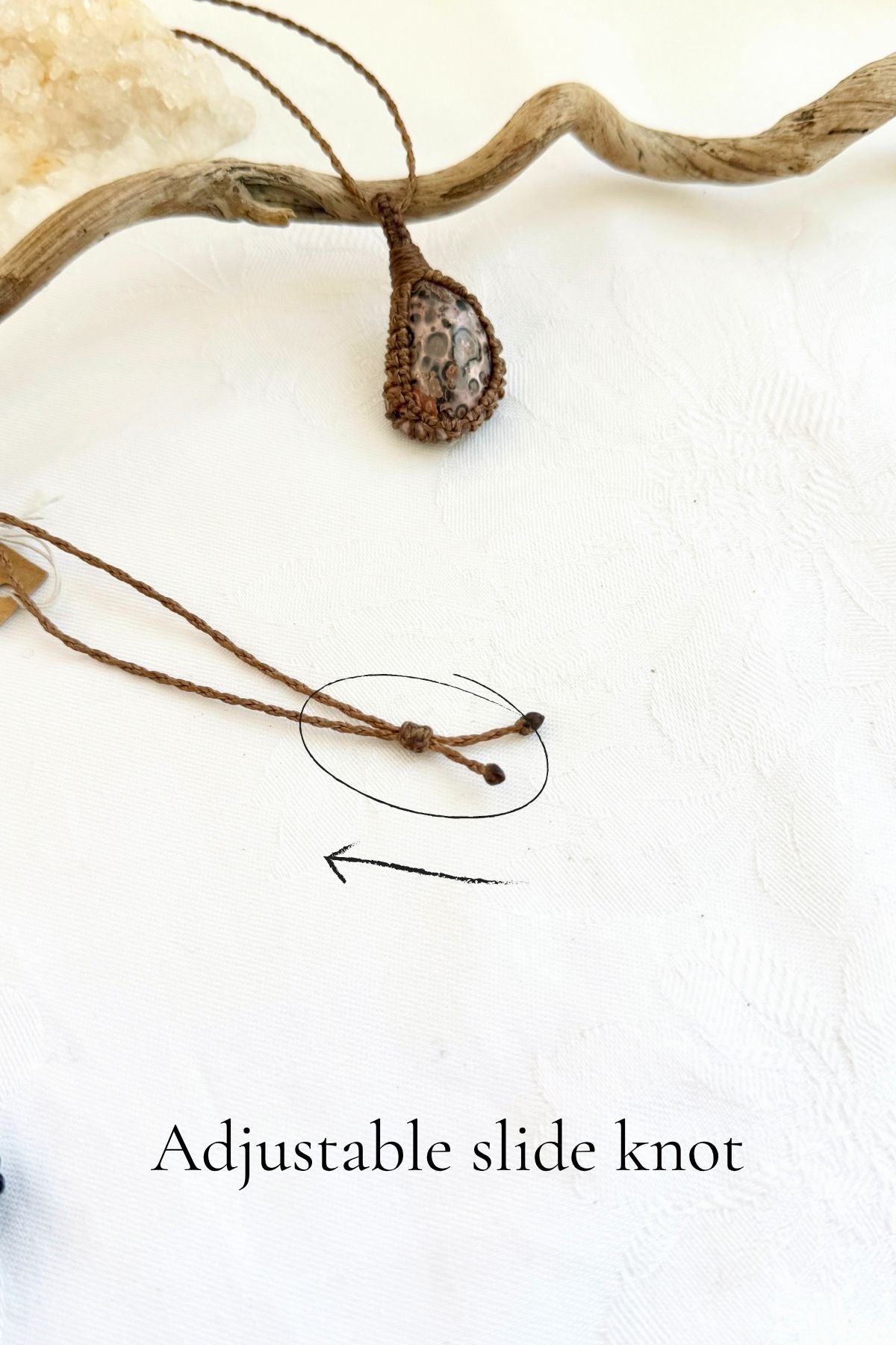 Handmade Leopard Jasper macramé necklace with adjustable slide knot, versatile necklace sizing