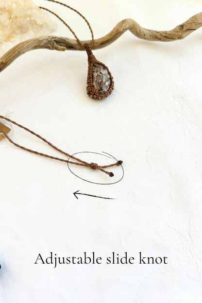 Handmade Leopard Jasper macramé necklace with adjustable slide knot, versatile necklace sizing