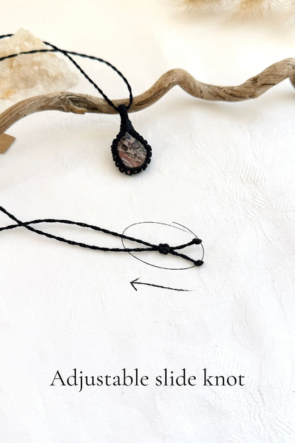 Handmade Leopard Jasper macramé necklace with adjustable slide knot, versatile necklace sizing
