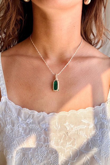 Model wearing a handmade Malachite macramé necklace, delicate everyday jewelry