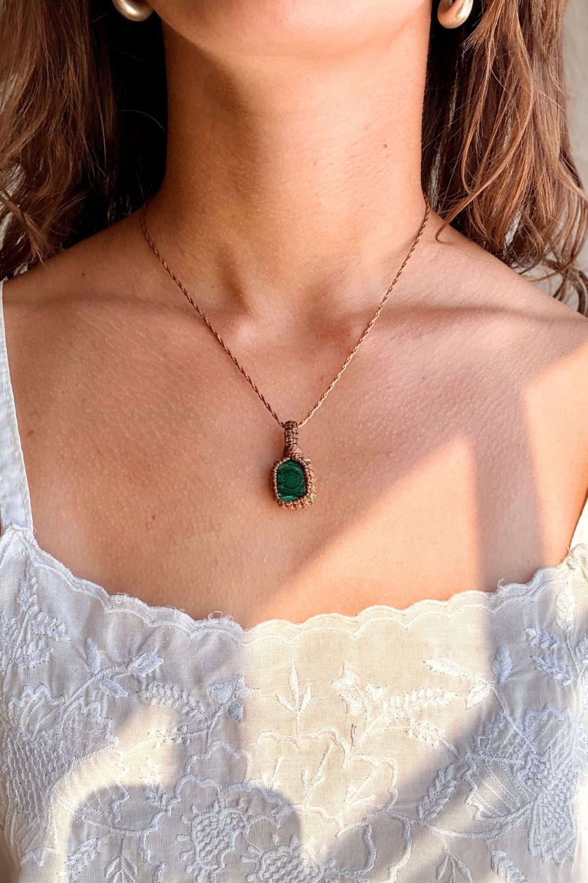 Model wearing a handmade Malachite macramé necklace, delicate everyday jewelry
