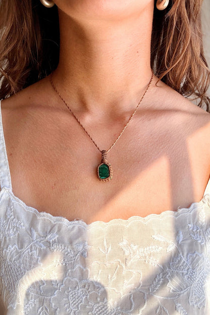 Model wearing a handmade Malachite macramé necklace, delicate everyday jewelry