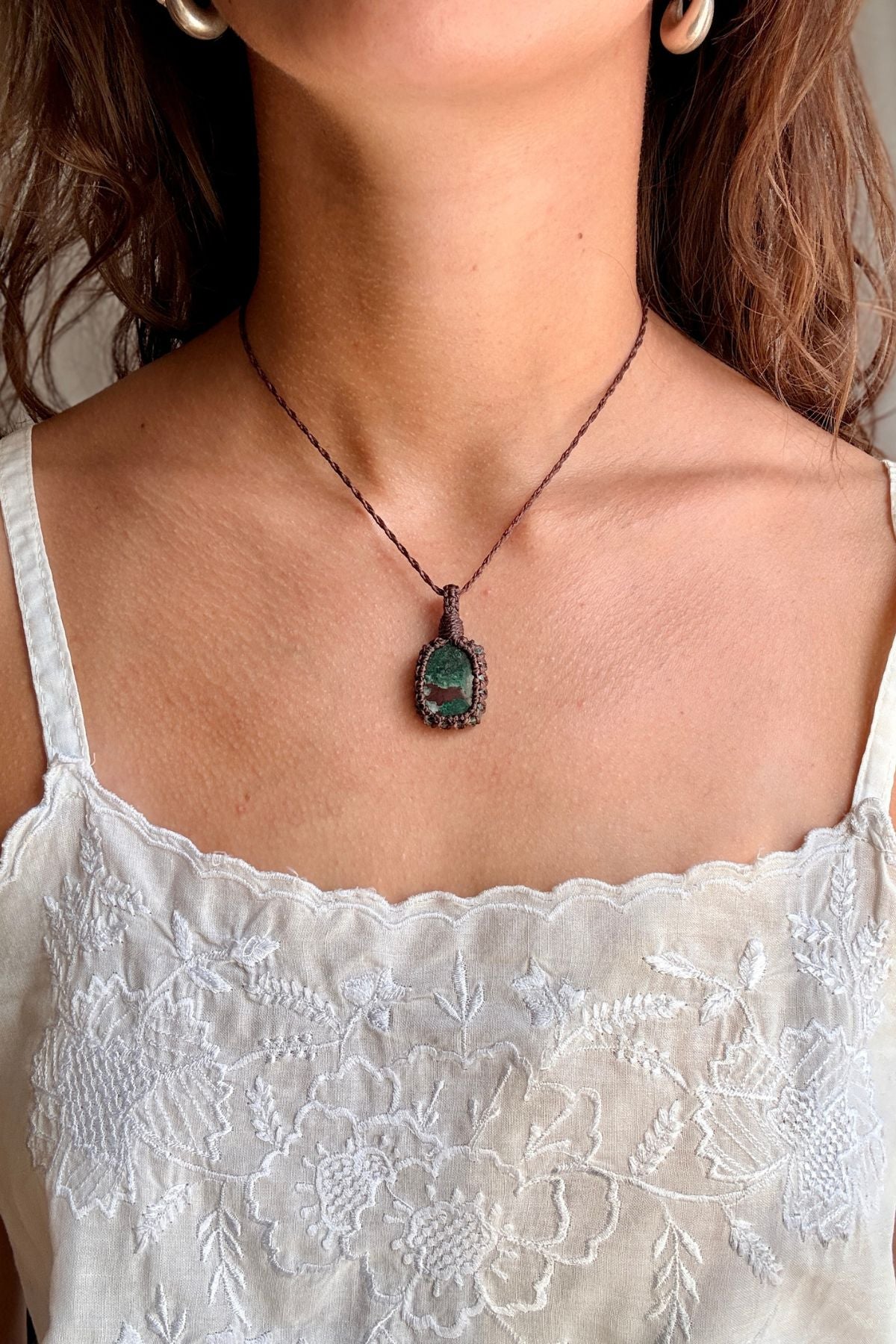 Model wearing a handmade Malachite macramé necklace, delicate everyday jewelry