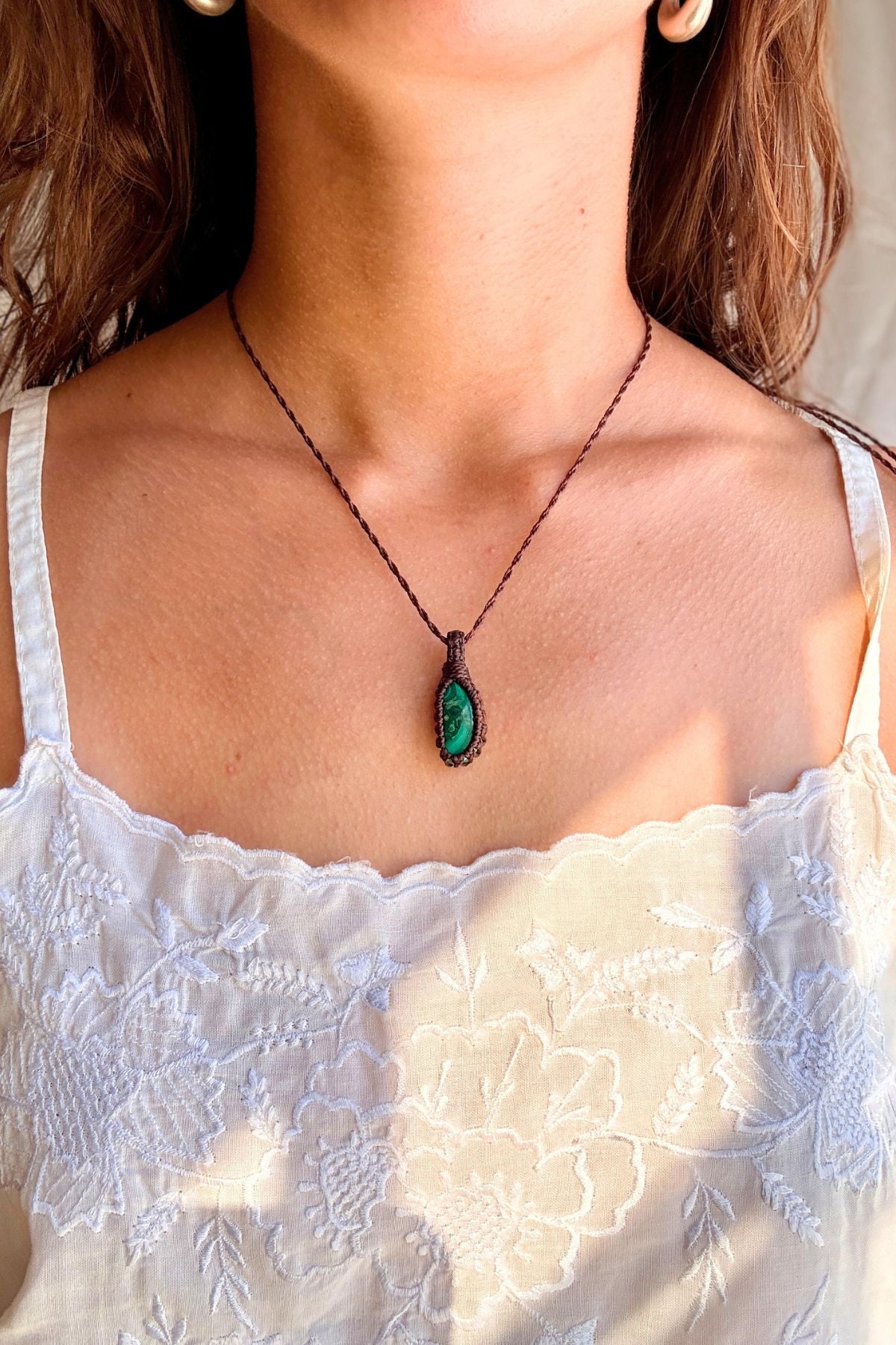 Model wearing a handmade Malachite macramé necklace, delicate everyday jewelry