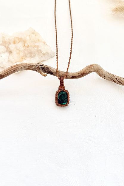 Handmade Malachite macramé necklace, front view of natural gemstone pendant