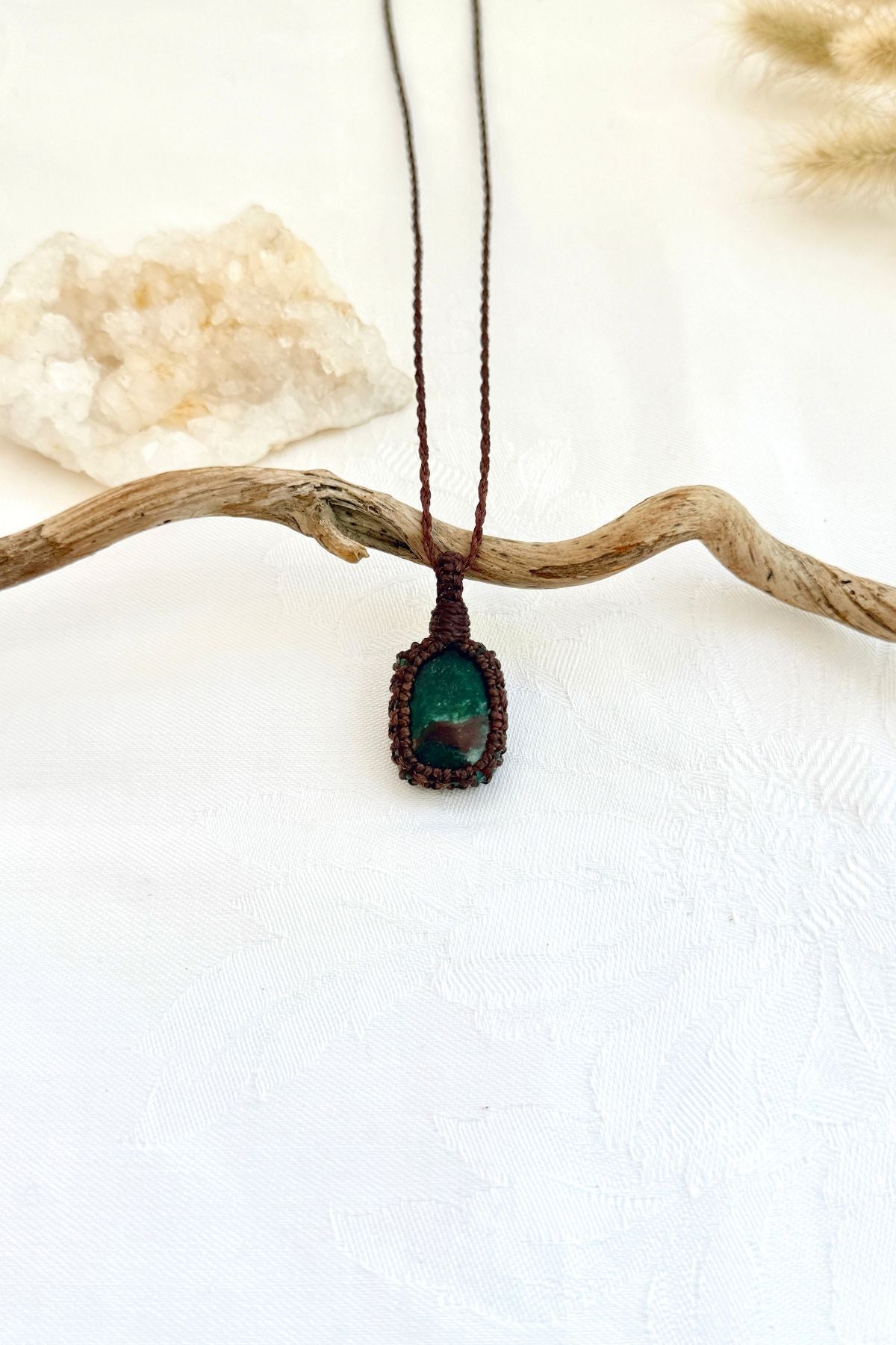 Handmade Malachite macramé necklace, front view of natural gemstone pendant