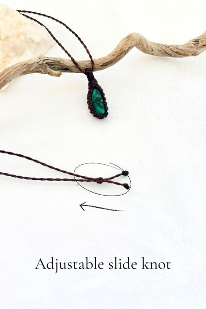 Handmade Malachite macramé necklace with adjustable slide knot, versatile necklace sizing
