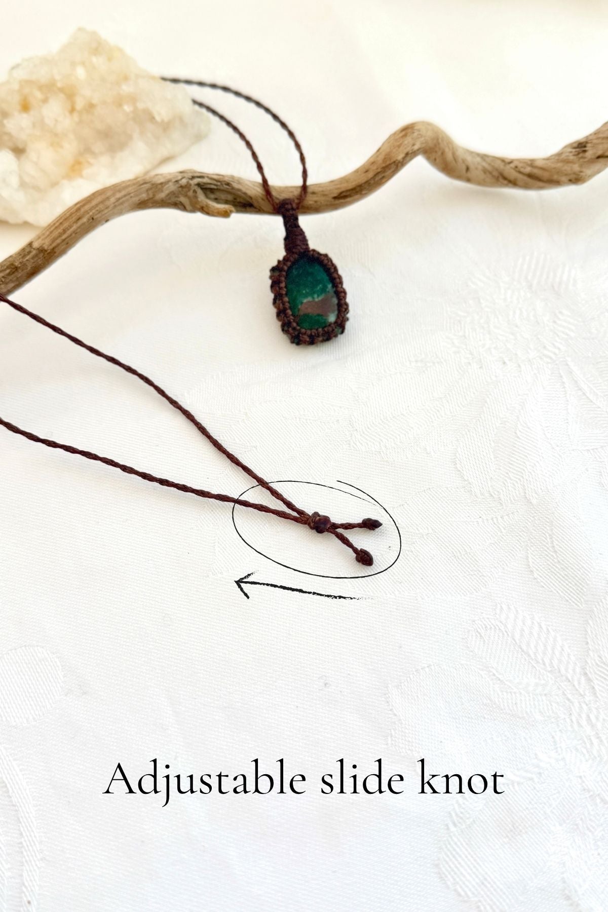 Handmade Malachite macramé necklace with adjustable slide knot, versatile necklace sizing