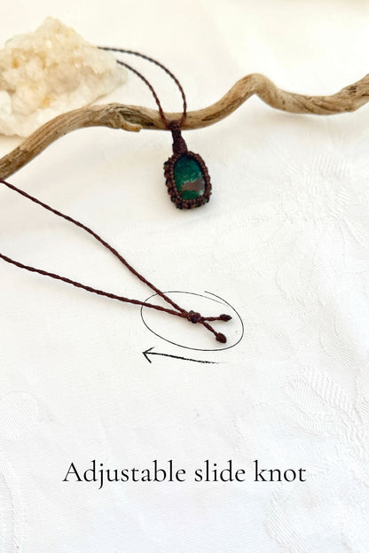 Handmade Malachite macramé necklace with adjustable slide knot, versatile necklace sizing