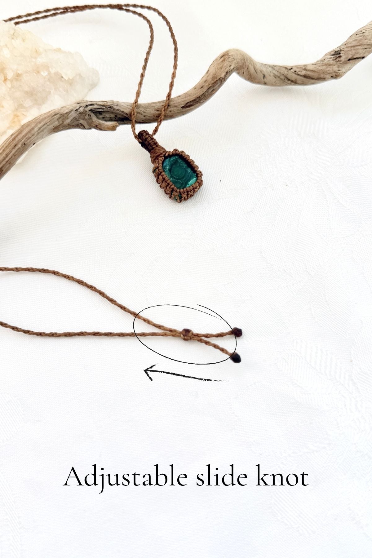 Handmade Malachite macramé necklace with adjustable slide knot, versatile necklace sizing
