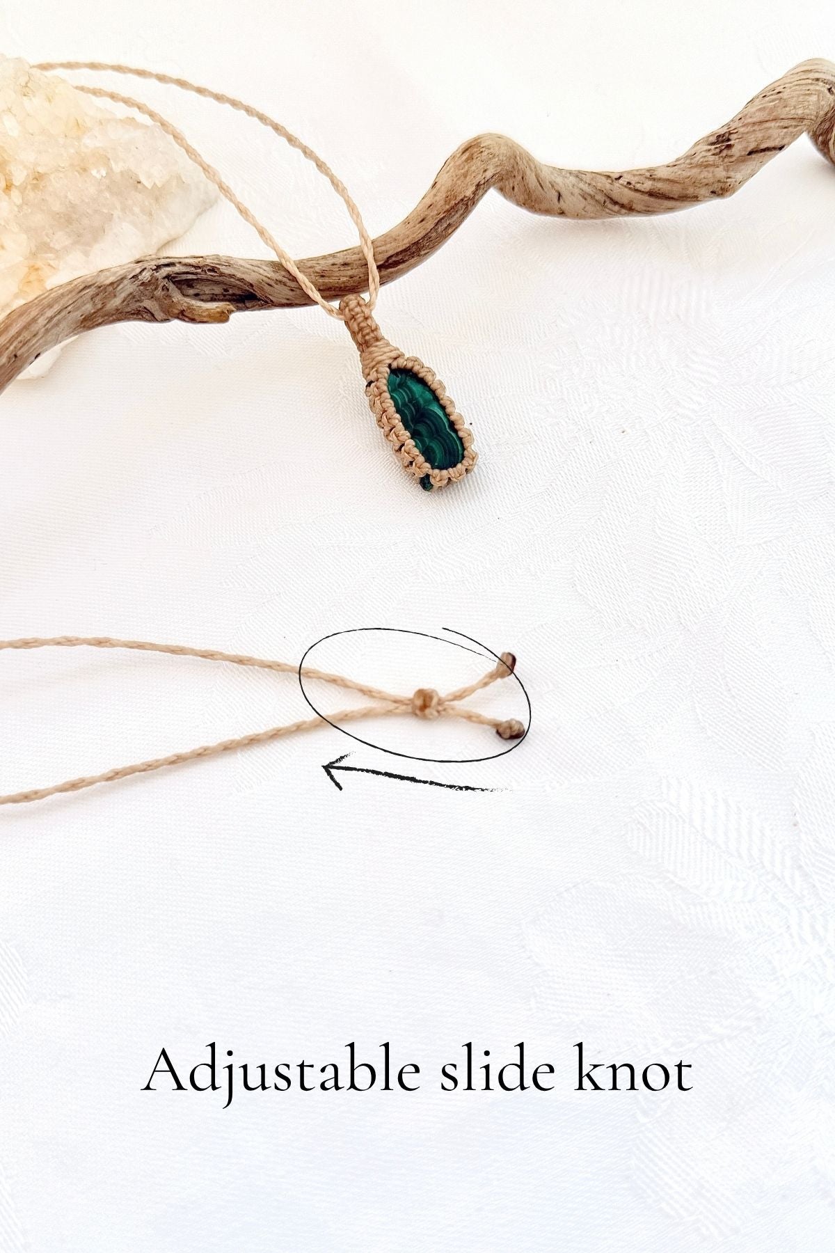 Handmade Malachite macramé necklace with adjustable slide knot, versatile necklace sizing