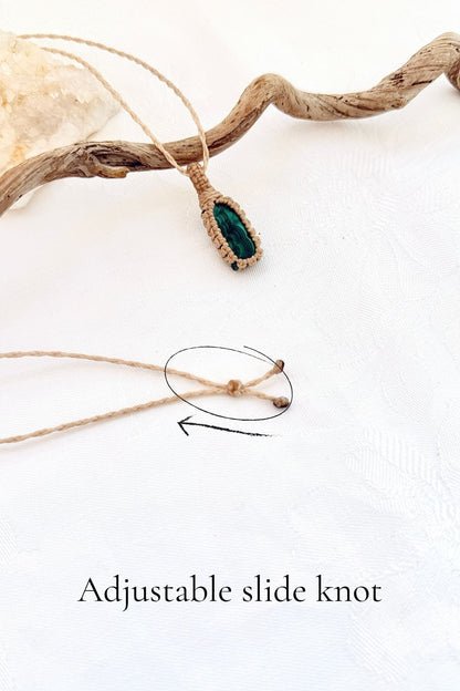 Handmade Malachite macramé necklace with adjustable slide knot, versatile necklace sizing