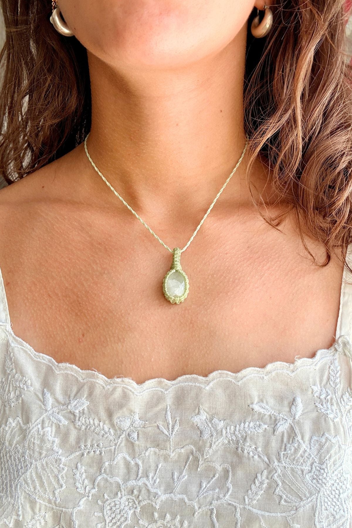 Model wearing a handmade Moonstone macramé necklace, delicate everyday jewelry
