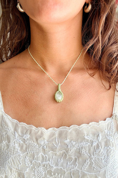 Model wearing a handmade Moonstone macramé necklace, delicate everyday jewelry