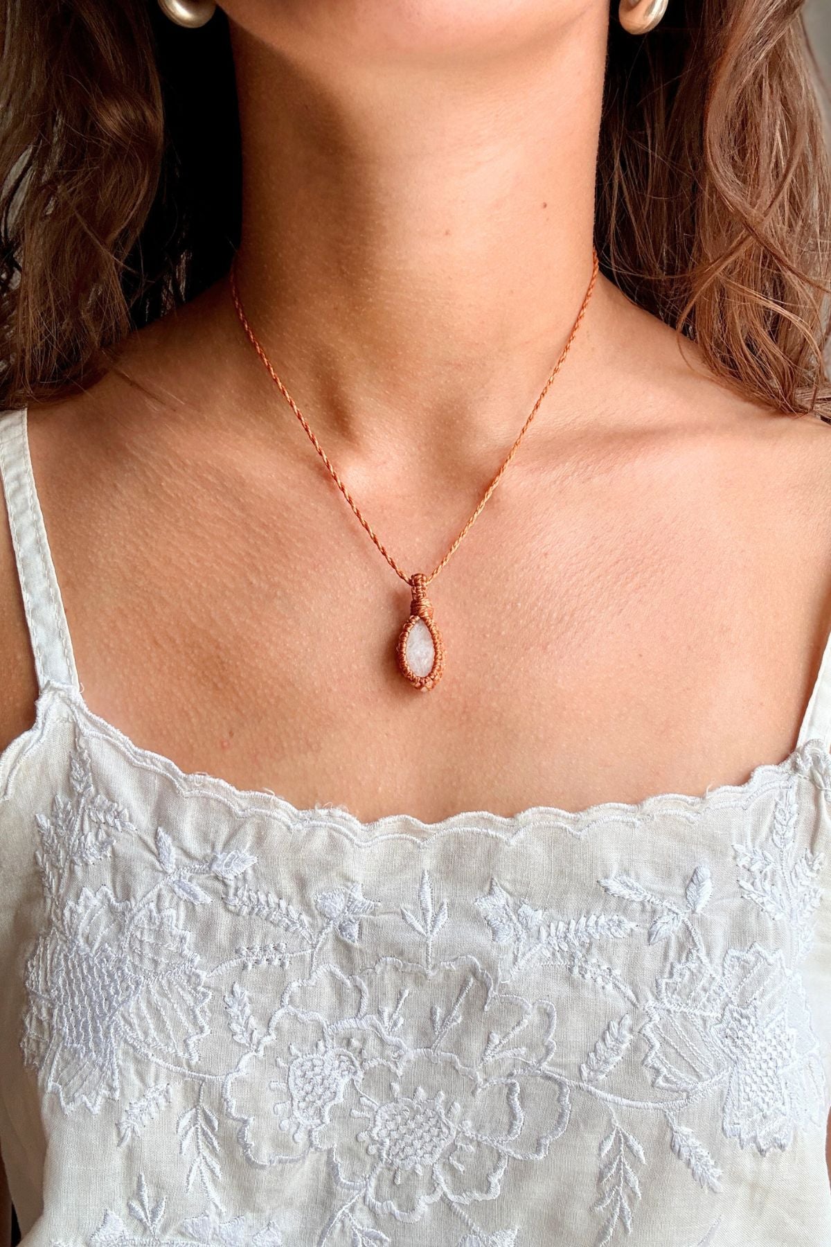 Model wearing a handmade Moonstone macramé necklace, delicate everyday jewelry