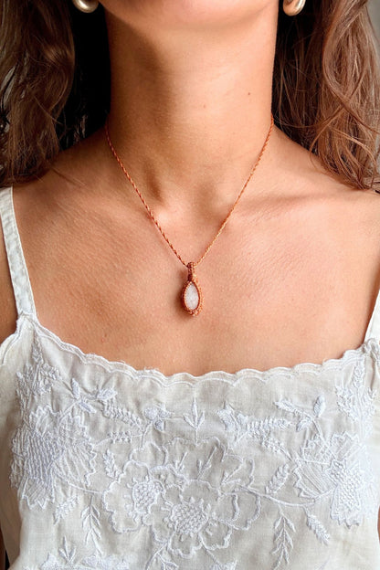 Model wearing a handmade Moonstone macramé necklace, delicate everyday jewelry