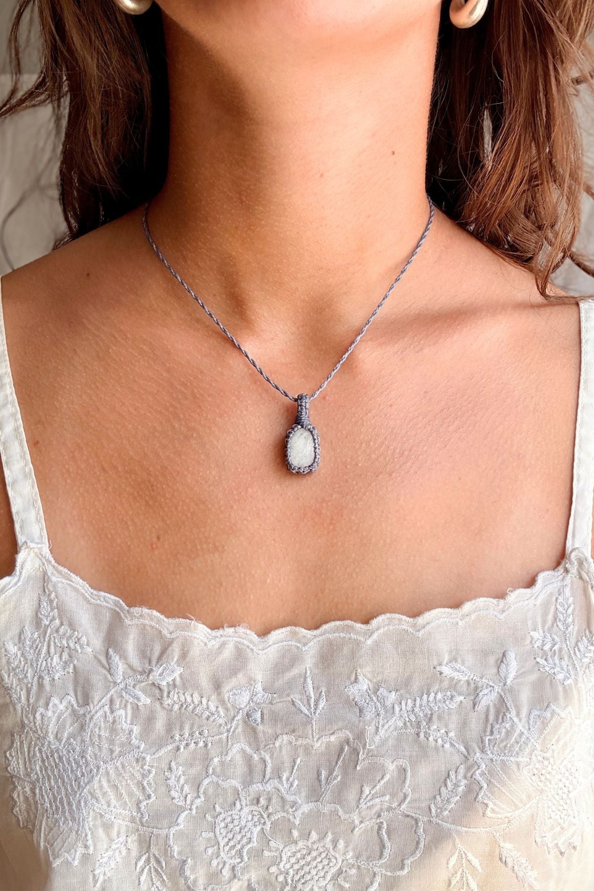 Model wearing a handmade Moonstone macramé necklace, delicate everyday jewelry