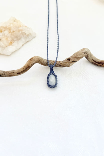 Handmade Moonstone macramé necklace, front view of natural gemstone pendant