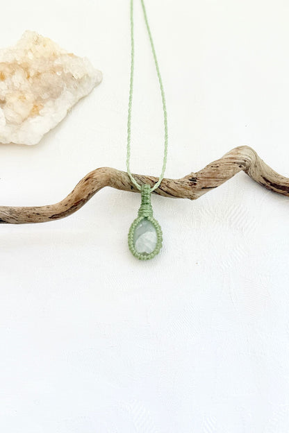 Handmade Moonstone macramé necklace, front view of natural gemstone pendant