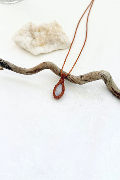 Handmade Moonstone macramé necklace with adjustable slide knot, versatile necklace sizing