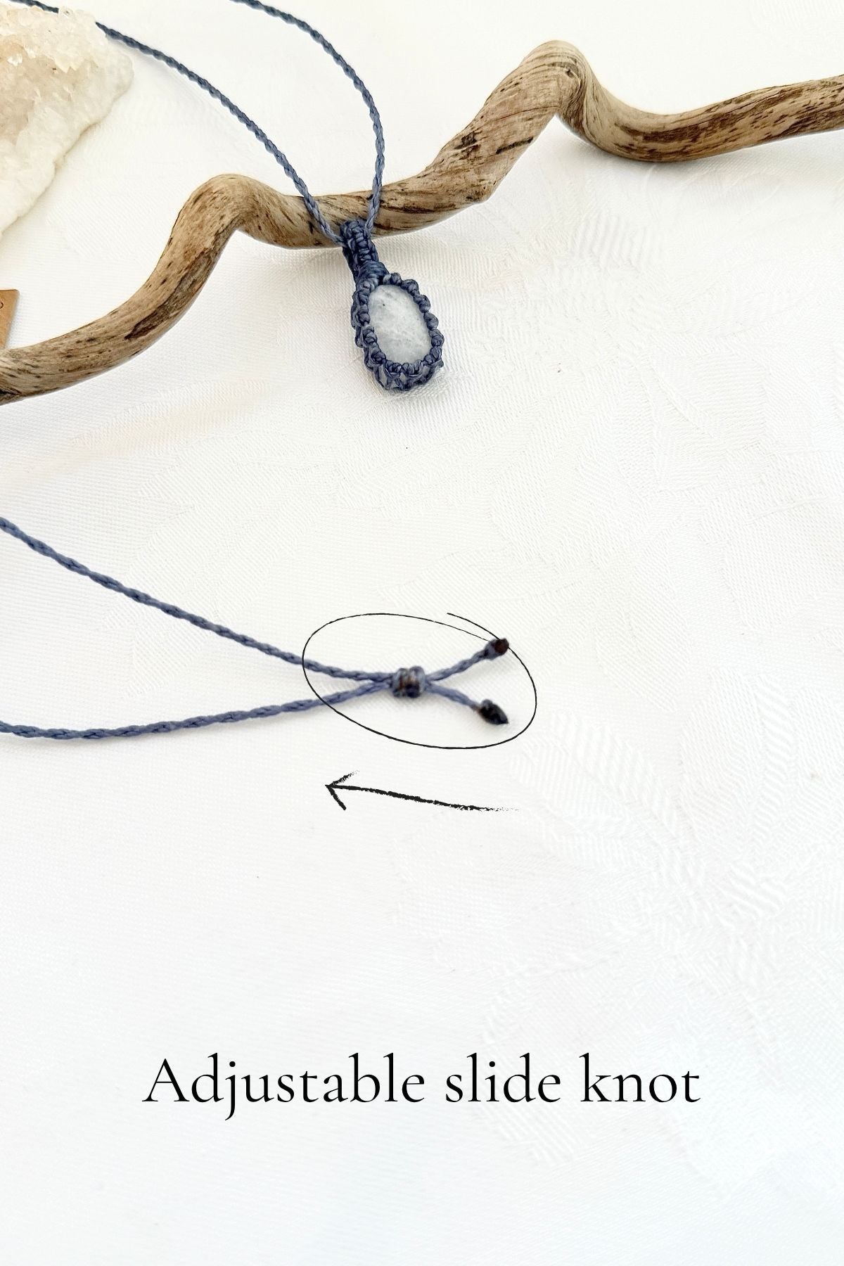 Handmade Moonstone macramé necklace with adjustable slide knot, versatile necklace sizing