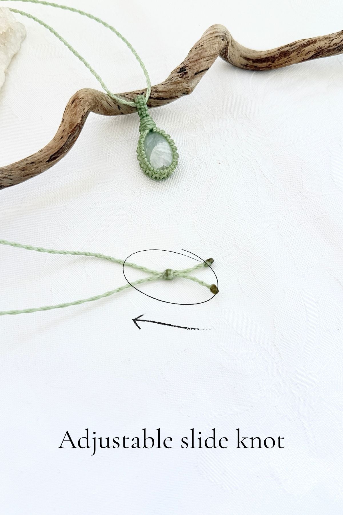 Handmade Moonstone macramé necklace with adjustable slide knot, versatile necklace sizing