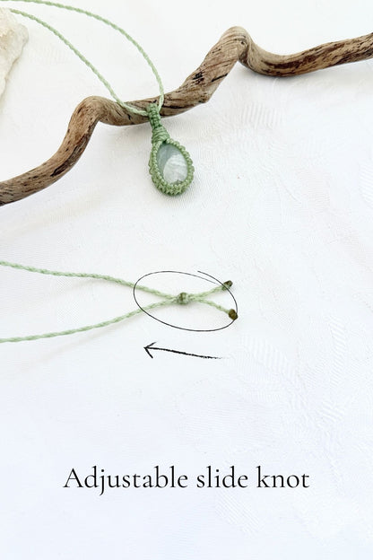Handmade Moonstone macramé necklace with adjustable slide knot, versatile necklace sizing