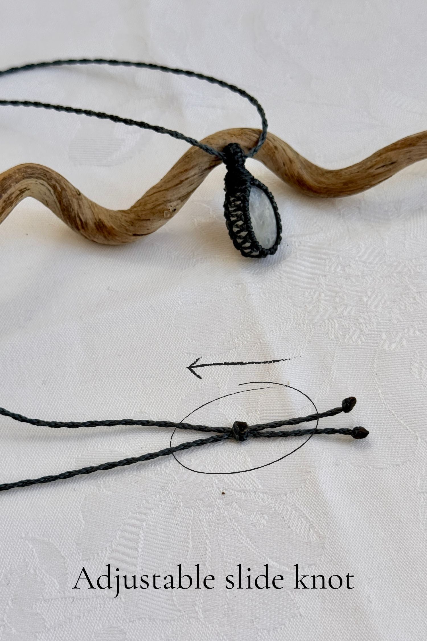 Close-up of the adjustable sliding knot on the Moonstone Macrame necklace, allowing for an easy and customizable fit for any wearer.