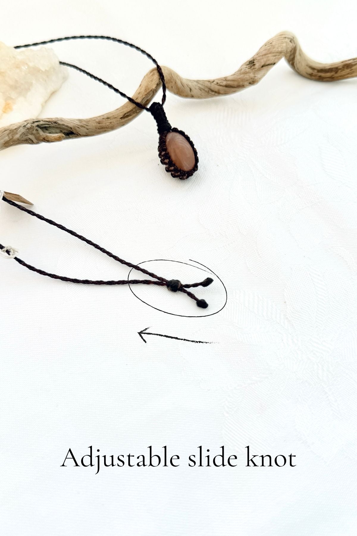Handmade Peach Moonstone macramé necklace with adjustable slide knot, versatile necklace sizing