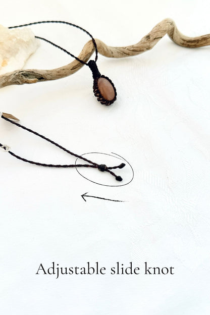 Handmade Peach Moonstone macramé necklace with adjustable slide knot, versatile necklace sizing