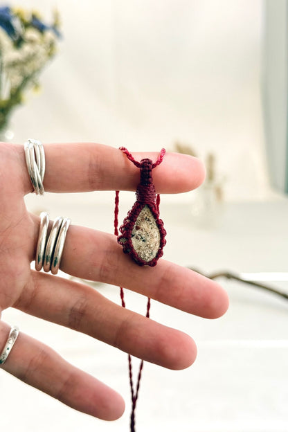 Handmade Picture Jasper macramé necklace held in hand, delicate natural gemstone jewelry