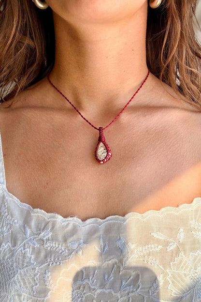 Model wearing a handmade Picture Jasper macramé necklace, delicate everyday jewelry