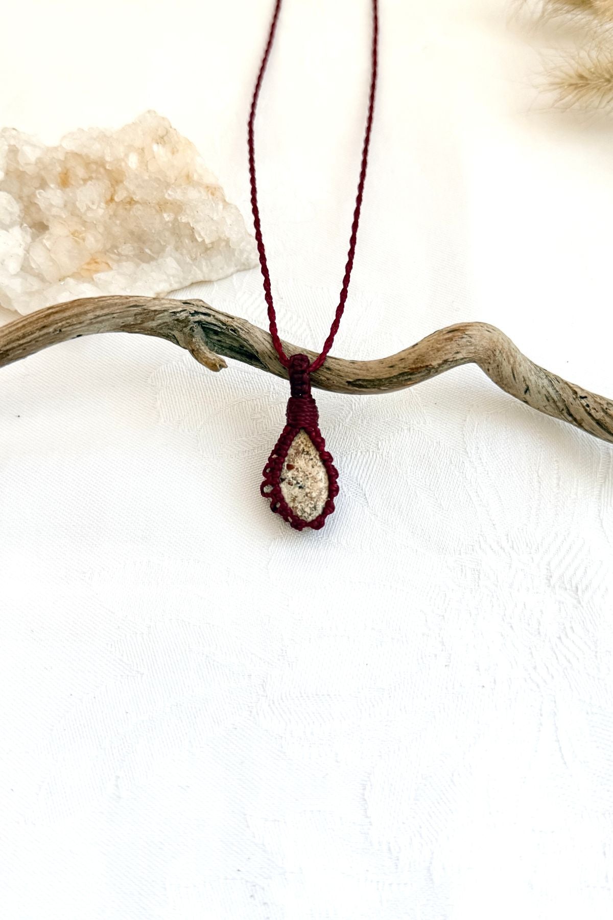 Handmade Picture Jasper macramé necklace, front view of natural gemstone pendant