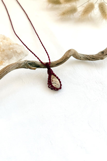 Handmade Picture Jasper macramé necklace, side view showing the gemstone and macramé knotting