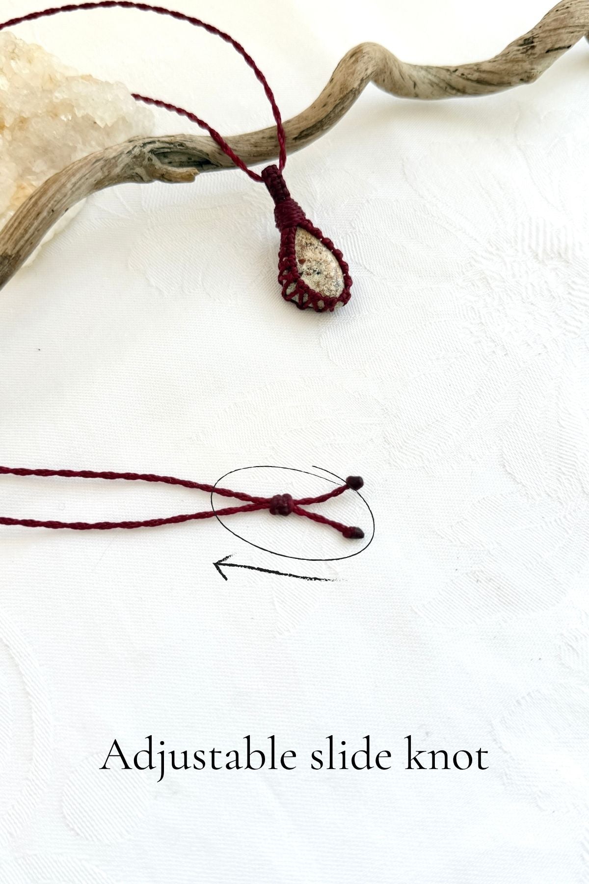 Handmade Picture Jasper macramé necklace with adjustable slide knot, versatile necklace sizing