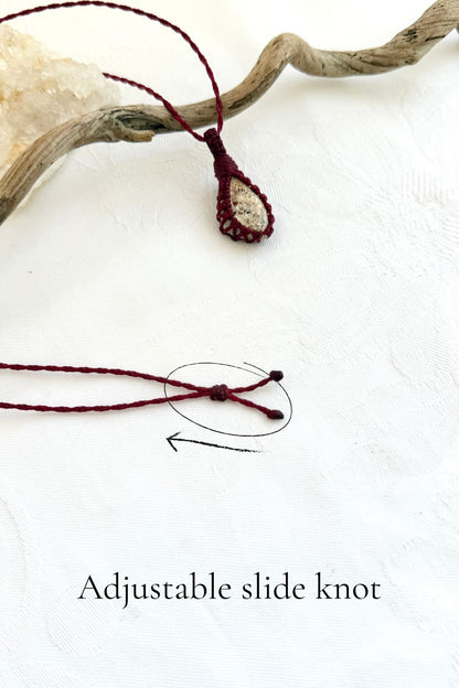 Handmade Picture Jasper macramé necklace with adjustable slide knot, versatile necklace sizing