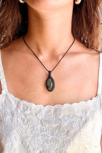 Model wearing a handmade Prehnite macramé necklace, delicate everyday jewelry