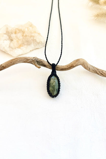 Handmade Prehnite macramé necklace, front view of natural gemstone pendant