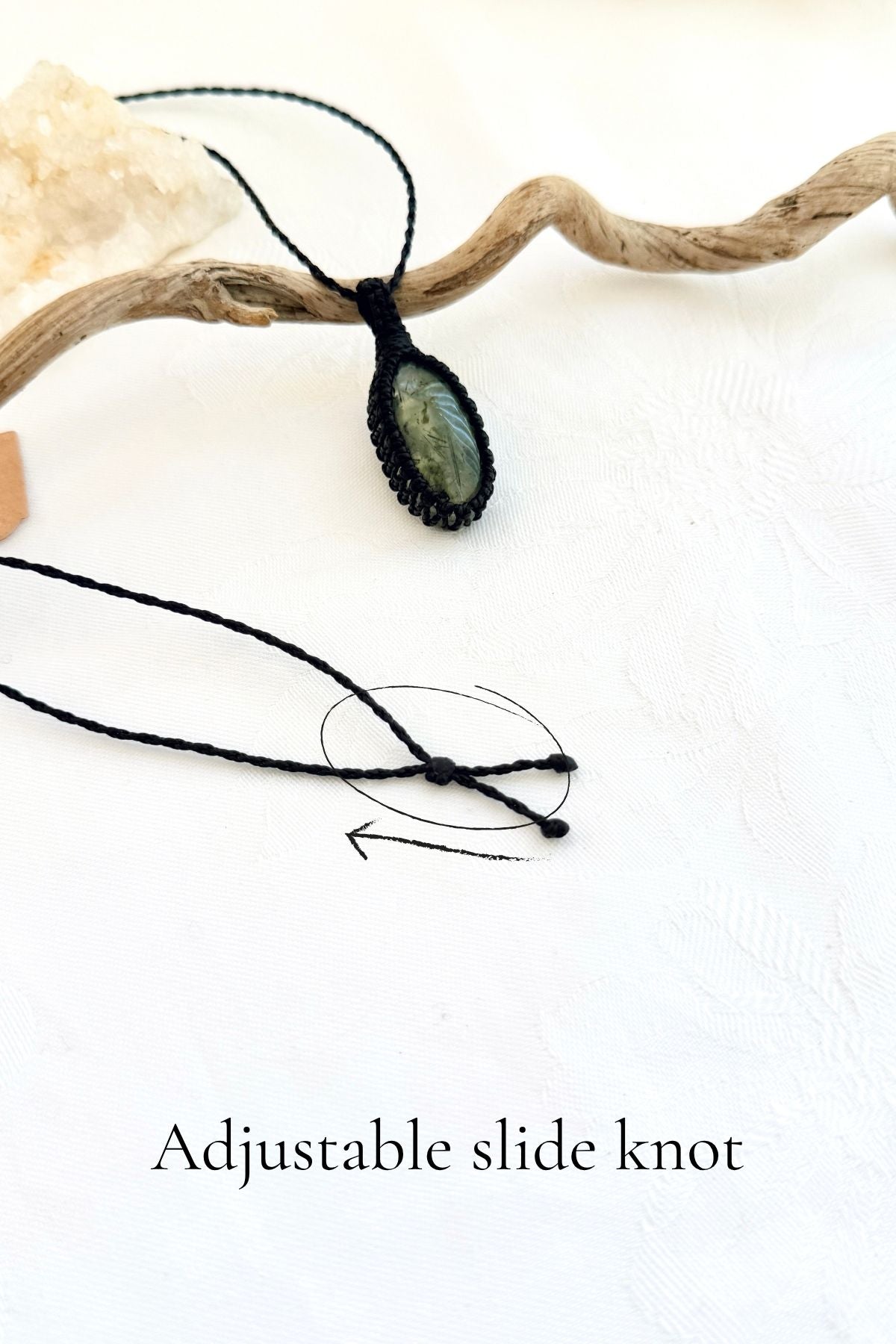 Handmade Prehnite macramé necklace with adjustable slide knot, versatile necklace sizing