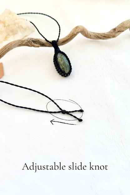 Handmade Prehnite macramé necklace with adjustable slide knot, versatile necklace sizing