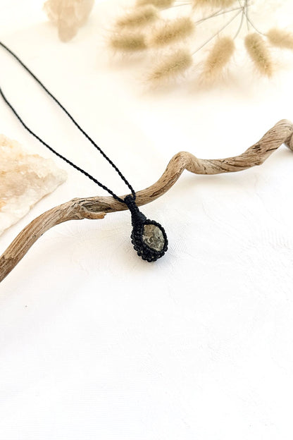 Handmade Pyrite macramé necklace, front view of natural gemstone pendant