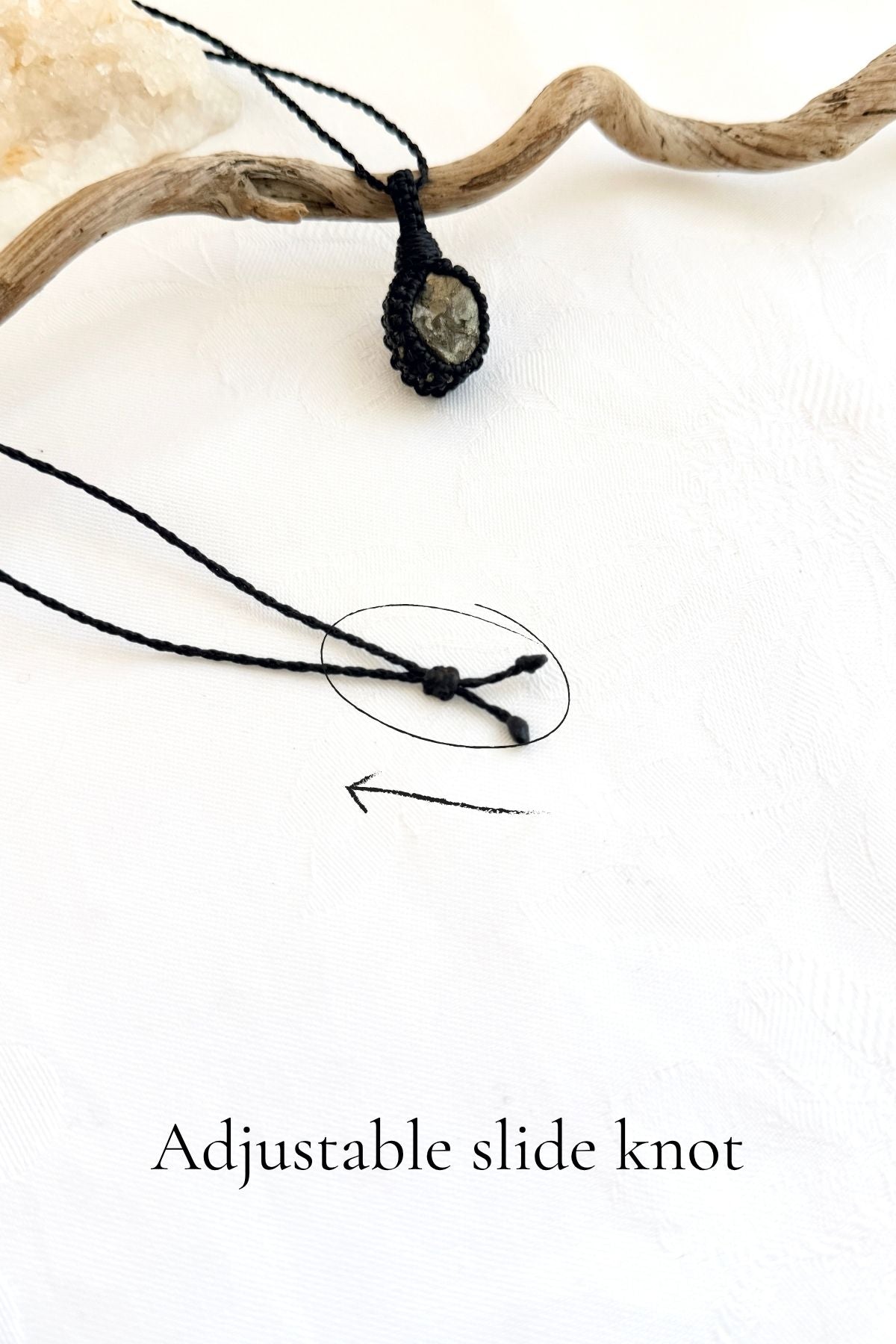 Handmade Pyrite macramé necklace with adjustable slide knot, versatile necklace sizing