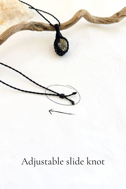Handmade Pyrite macramé necklace with adjustable slide knot, versatile necklace sizing