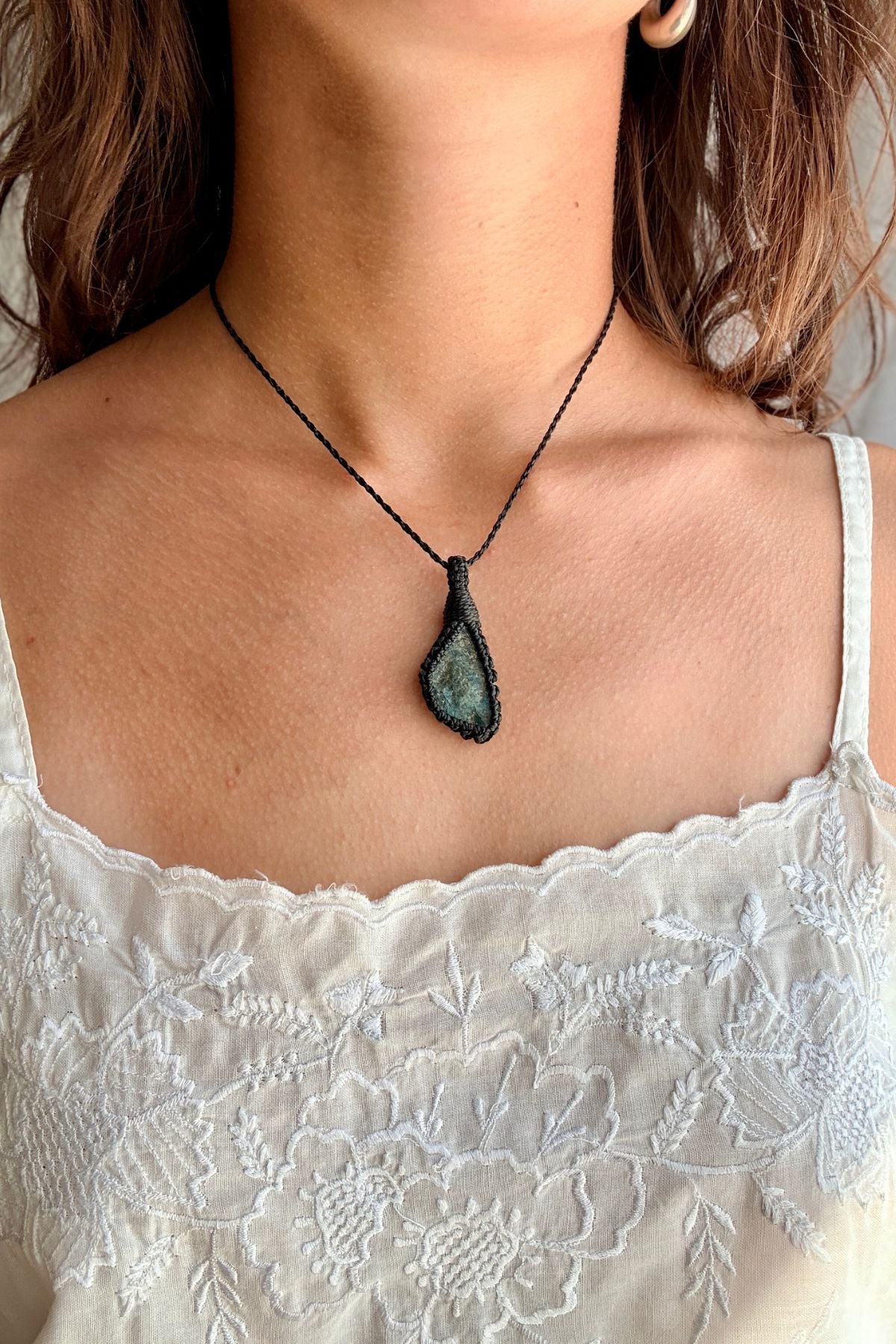 Model wearing a handmade Apatite macramé necklace, delicate everyday jewelry