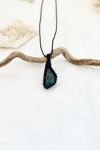 Handmade Apatite macramé necklace, front view of natural gemstone pendant