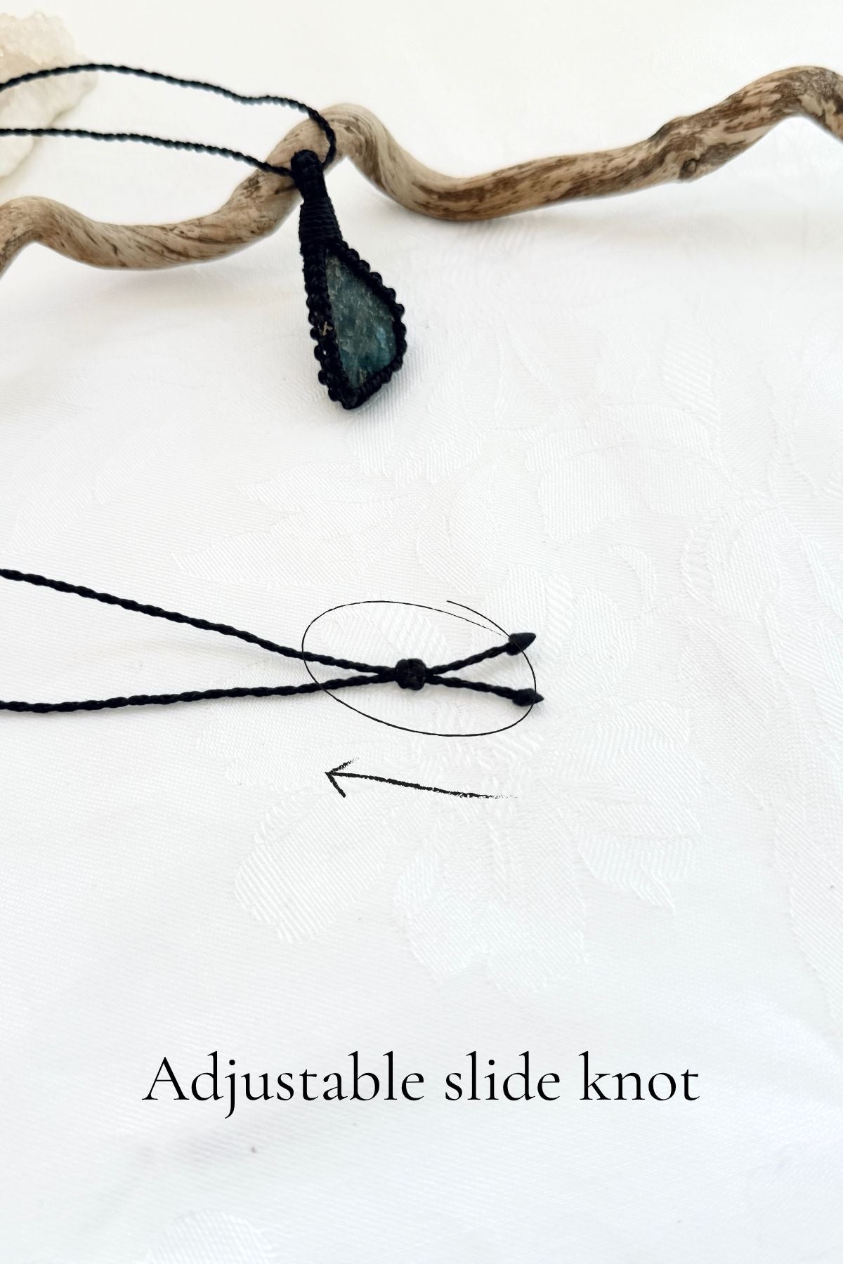 Handmade Apatite macramé necklace with adjustable slide knot, versatile necklace sizing